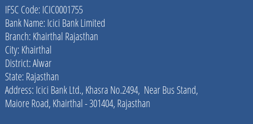 Icici Bank Khairthal Rajasthan Branch Alwar IFSC Code ICIC0001755