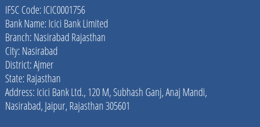 Icici Bank Nasirabad Rajasthan Branch Ajmer IFSC Code ICIC0001756