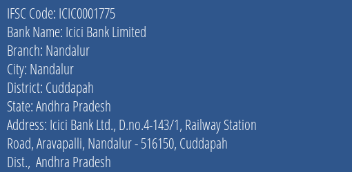 Icici Bank Nandalur Branch Cuddapah IFSC Code ICIC0001775