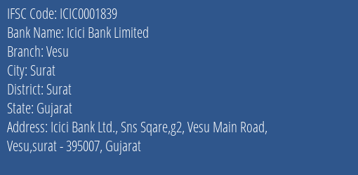 Icici Bank Vesu Branch Surat IFSC Code ICIC0001839