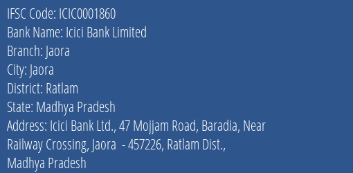 Icici Bank Jaora Branch Ratlam IFSC Code ICIC0001860