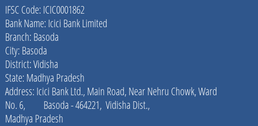 Icici Bank Basoda Branch Vidisha IFSC Code ICIC0001862