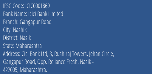 Icici Bank Limited Gangapur Road Branch, Branch Code 001869 & IFSC Code ICIC0001869