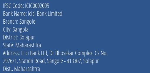 Icici Bank Sangole Branch Solapur IFSC Code ICIC0002005