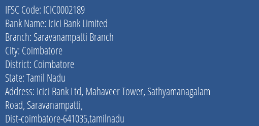 Icici Bank Limited Saravanampatti Branch Branch IFSC Code