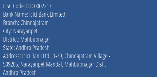 Icici Bank Chinnajatram Branch Mahbubnagar IFSC Code ICIC0002217