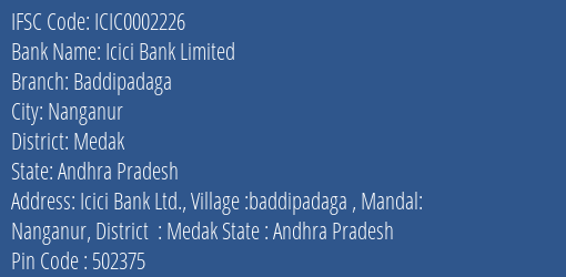 Icici Bank Baddipadaga Branch Medak IFSC Code ICIC0002226