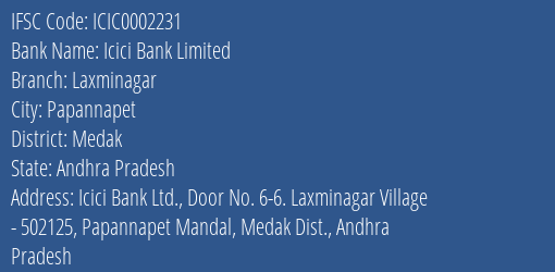 Icici Bank Laxminagar Branch Medak IFSC Code ICIC0002231