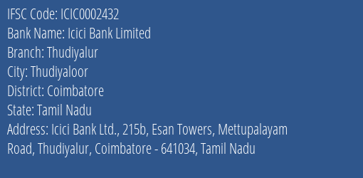 Icici Bank Limited Thudiyalur Branch, Branch Code 002432 & IFSC Code ICIC0002432