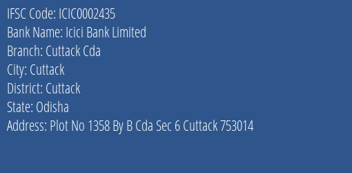 Icici Bank Cuttack Cda Branch Cuttack IFSC Code ICIC0002435