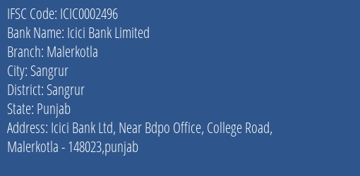 Icici Bank Limited Malerkotla Branch IFSC Code