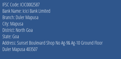 Icici Bank Limited Duler Mapusa Branch IFSC Code