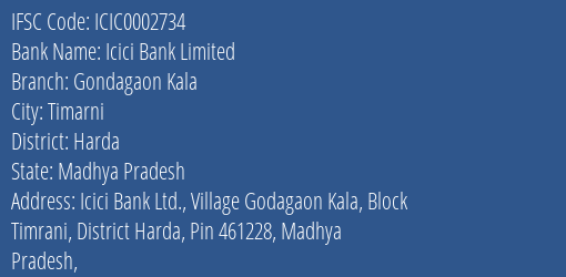 Icici Bank Gondagaon Kala Branch Harda IFSC Code ICIC0002734