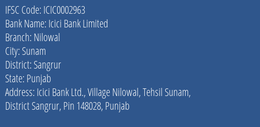 Icici Bank Limited Nilowal Branch IFSC Code