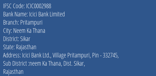 Icici Bank Pritampuri Branch Sikar IFSC Code ICIC0002988