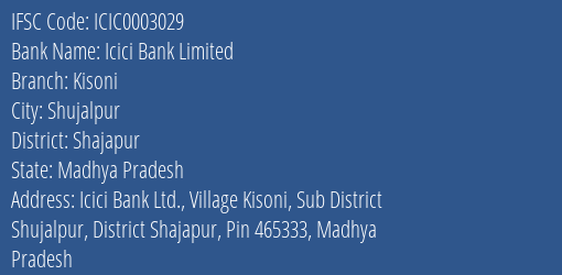 Icici Bank Kisoni Branch Shajapur IFSC Code ICIC0003029