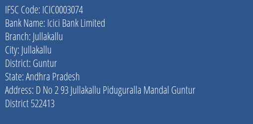 Icici Bank Jullakallu Branch Guntur IFSC Code ICIC0003074