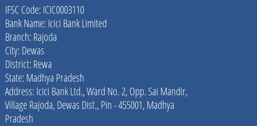 Icici Bank Rajoda Branch Rewa IFSC Code ICIC0003110