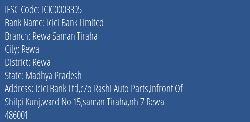 Icici Bank Rewa Saman Tiraha Branch Rewa IFSC Code ICIC0003305
