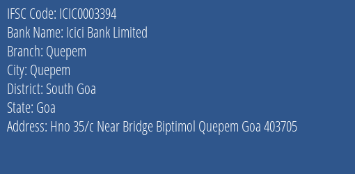 Icici Bank Limited Quepem Branch IFSC Code