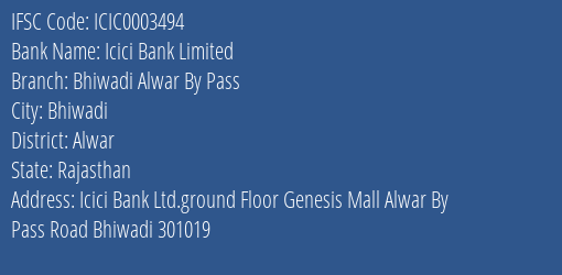 Icici Bank Limited Bhiwadi Alwar By Pass Branch, Branch Code 003494 & IFSC Code Icic0003494