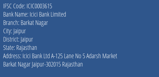 Icici Bank Barkat Nagar Branch Jaipur IFSC Code ICIC0003615