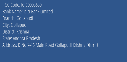 Icici Bank Gollapudi Branch Krishna IFSC Code ICIC0003630