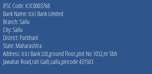 Icici Bank Limited Sailu Branch, Branch Code 003768 & IFSC Code ICIC0003768