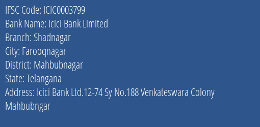 Icici Bank Shadnagar Branch Mahbubnagar IFSC Code ICIC0003799