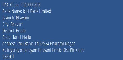 Icici Bank Limited Bhavani Branch IFSC Code