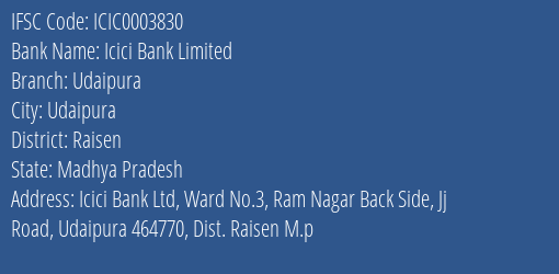 Icici Bank Udaipura Branch Raisen IFSC Code ICIC0003830