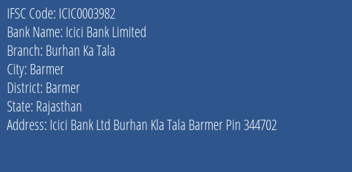 Icici Bank Burhan Ka Tala Branch Barmer IFSC Code ICIC0003982