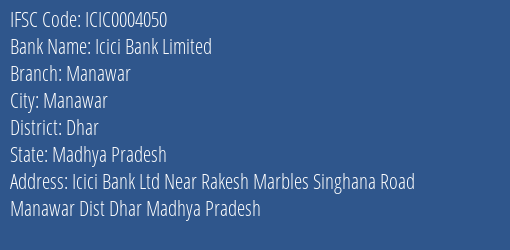 Icici Bank Manawar Branch Dhar IFSC Code ICIC0004050