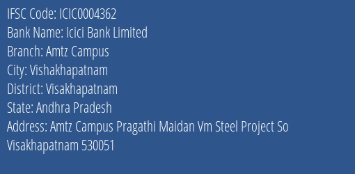 Icici Bank Amtz Campus Branch Visakhapatnam IFSC Code ICIC0004362
