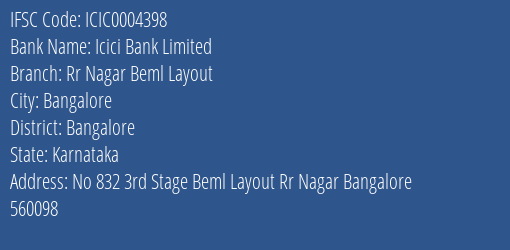 Icici Bank Rr Nagar Beml Layout Branch Bangalore IFSC Code ICIC0004398