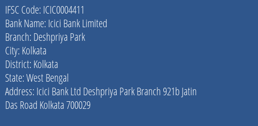 Icici Bank Deshpriya Park Branch Kolkata IFSC Code ICIC0004411