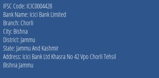 Icici Bank Chorli Branch Jammu IFSC Code ICIC0004428
