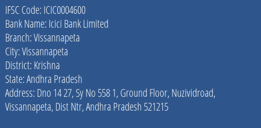 Icici Bank Vissannapeta Branch Krishna IFSC Code ICIC0004600