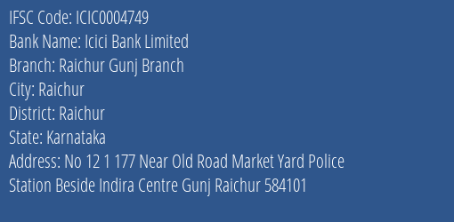 Icici Bank Raichur Gunj Branch Branch Raichur IFSC Code ICIC0004749
