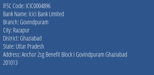 Icici Bank Govindpuram Branch Ghaziabad IFSC Code ICIC0004896