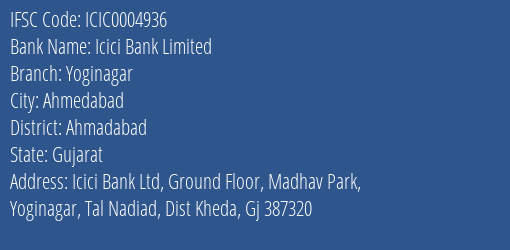 Icici Bank Yoginagar Branch Ahmadabad IFSC Code ICIC0004936