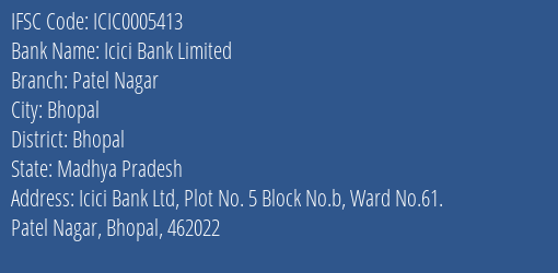 Icici Bank Patel Nagar Branch Bhopal IFSC Code ICIC0005413