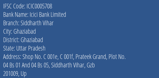 Icici Bank Siddharth Vihar Branch Ghaziabad IFSC Code ICIC0005708