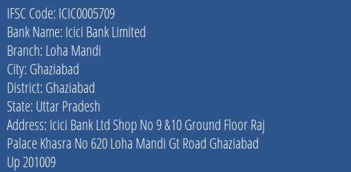Icici Bank Loha Mandi Branch Ghaziabad IFSC Code ICIC0005709