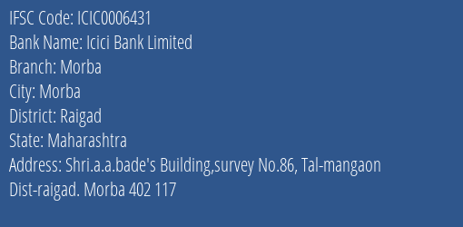Icici Bank Morba Branch Raigad IFSC Code ICIC0006431