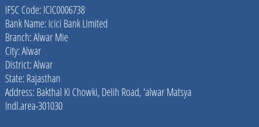 Icici Bank Limited Alwar Mie Branch, Branch Code 006738 & IFSC Code Icic0006738