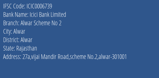 Icici Bank Limited Alwar Scheme No 2 Branch, Branch Code 006739 & IFSC Code Icic0006739