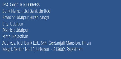 Icici Bank Udaipur Hiran Magri Branch Udaipur IFSC Code ICIC0006936