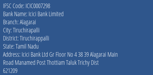 Icici Bank Alagarai Branch Tiruchirappalli IFSC Code ICIC0007298