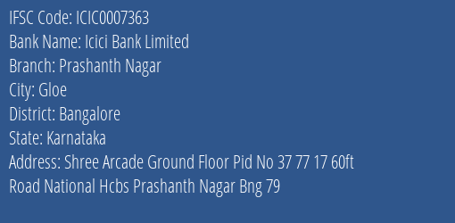 Icici Bank Prashanth Nagar Branch Bangalore IFSC Code ICIC0007363
